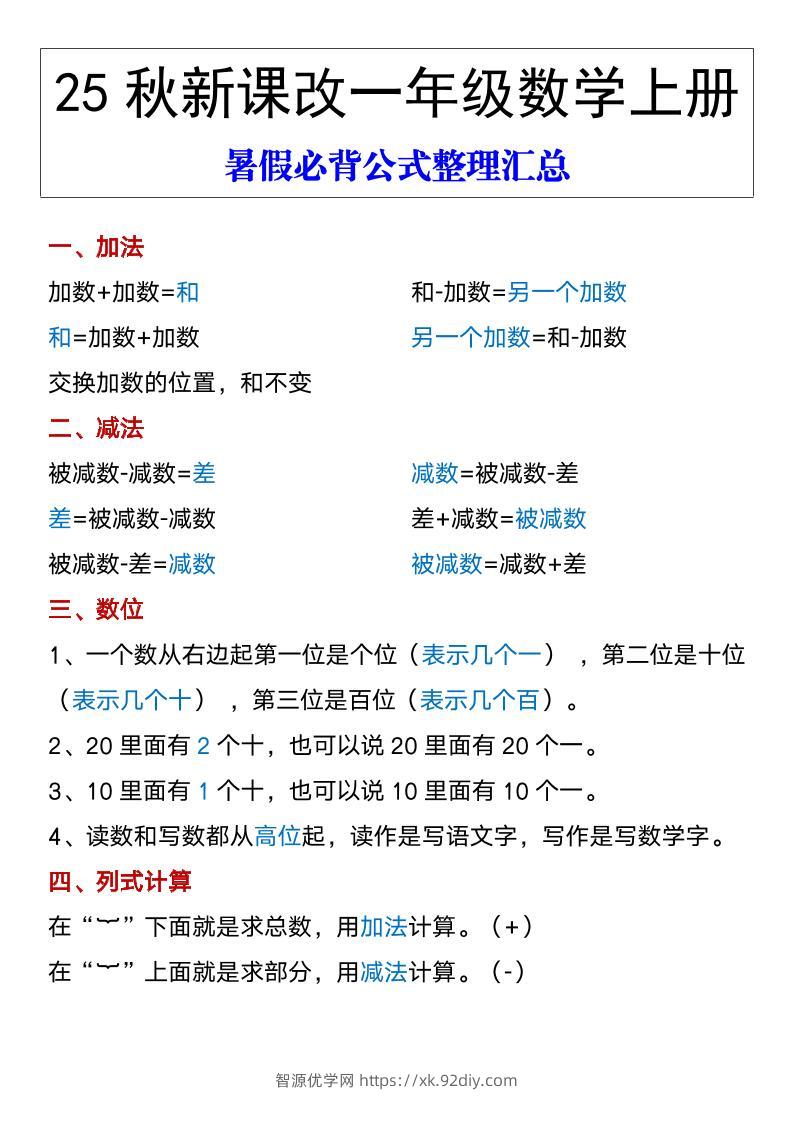 【2025秋新版】一年级数学上册暑假必背公式整理汇总-智源优学网