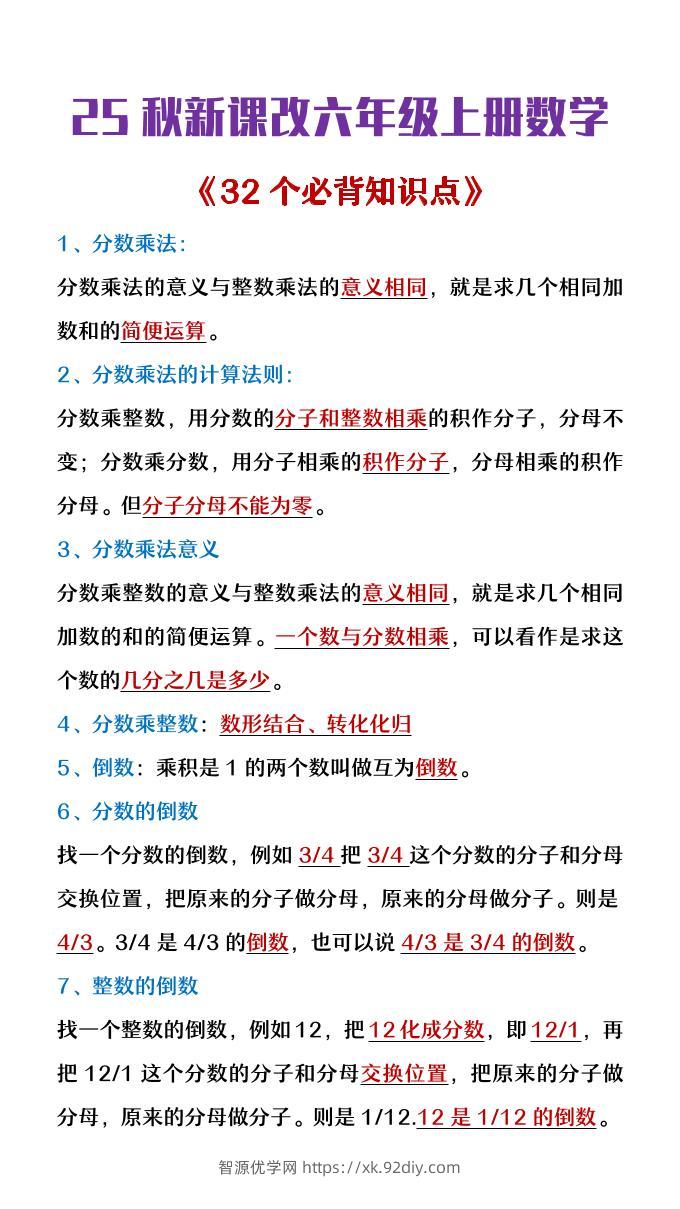【2025秋新版】六年级上册数学《32个必背知识点整理》-智源优学网