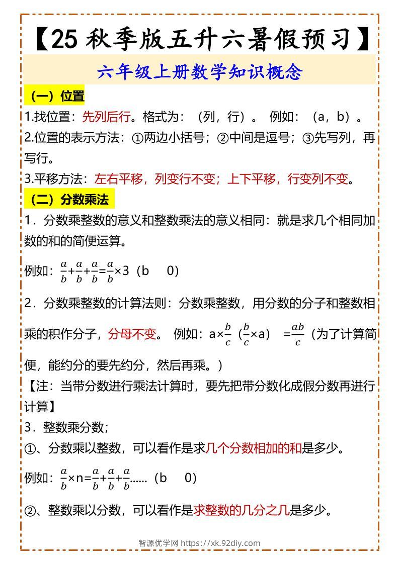 【2025秋新版】【五升六暑假预习】六年级上册数学知识概念-智源优学网