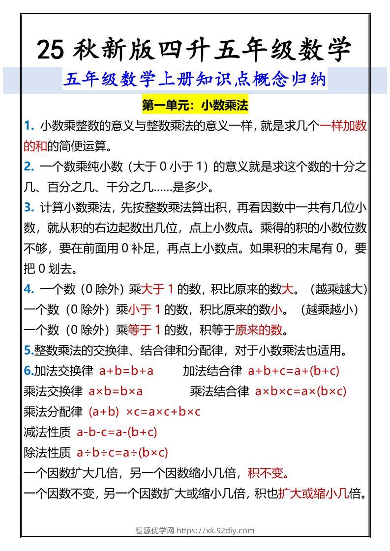 【2025秋新版】五年级数学上册知识点概念归纳-智源优学网