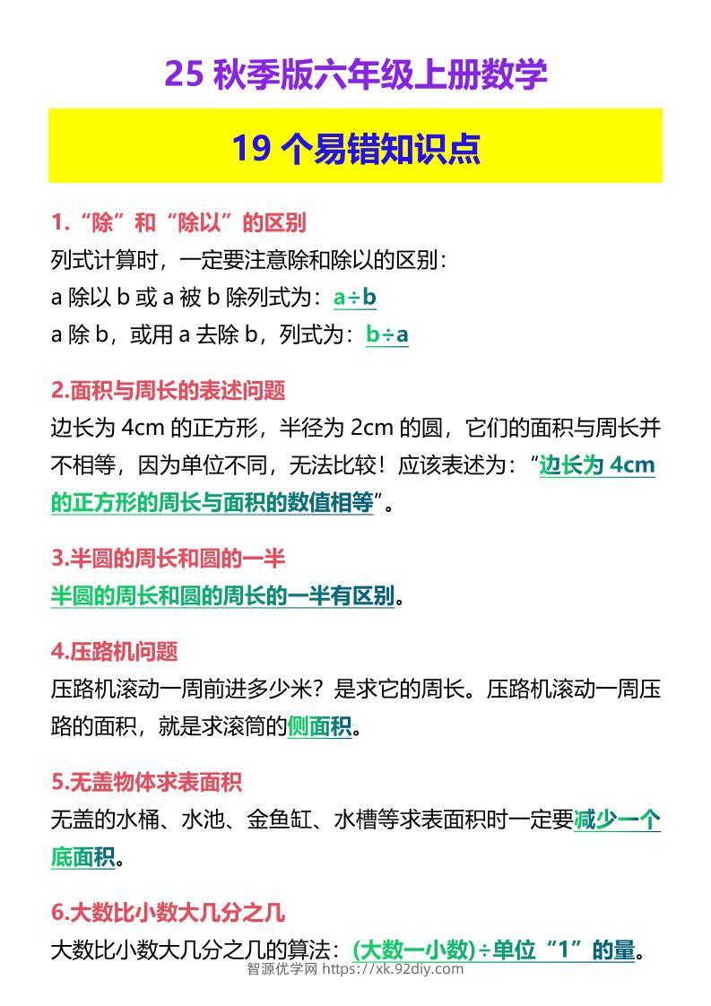 【2025秋新版】六年级上册数学19个易错知识点-智源优学网