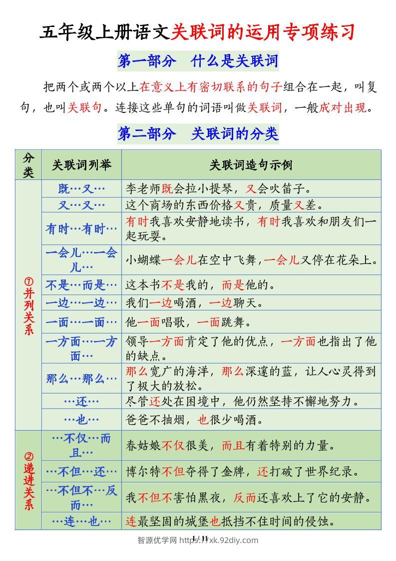 五上语文关联词语的运用专项练习（11页）-智源优学网