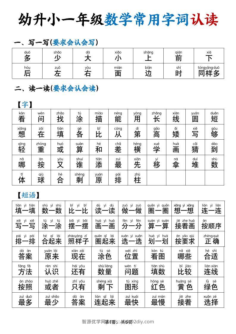 幼升小一年级数学常用字词认读拼音版（5页）-智源优学网