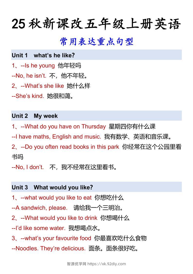 【2025秋新版】五年级上册英语常用表达重点句型-智源优学网