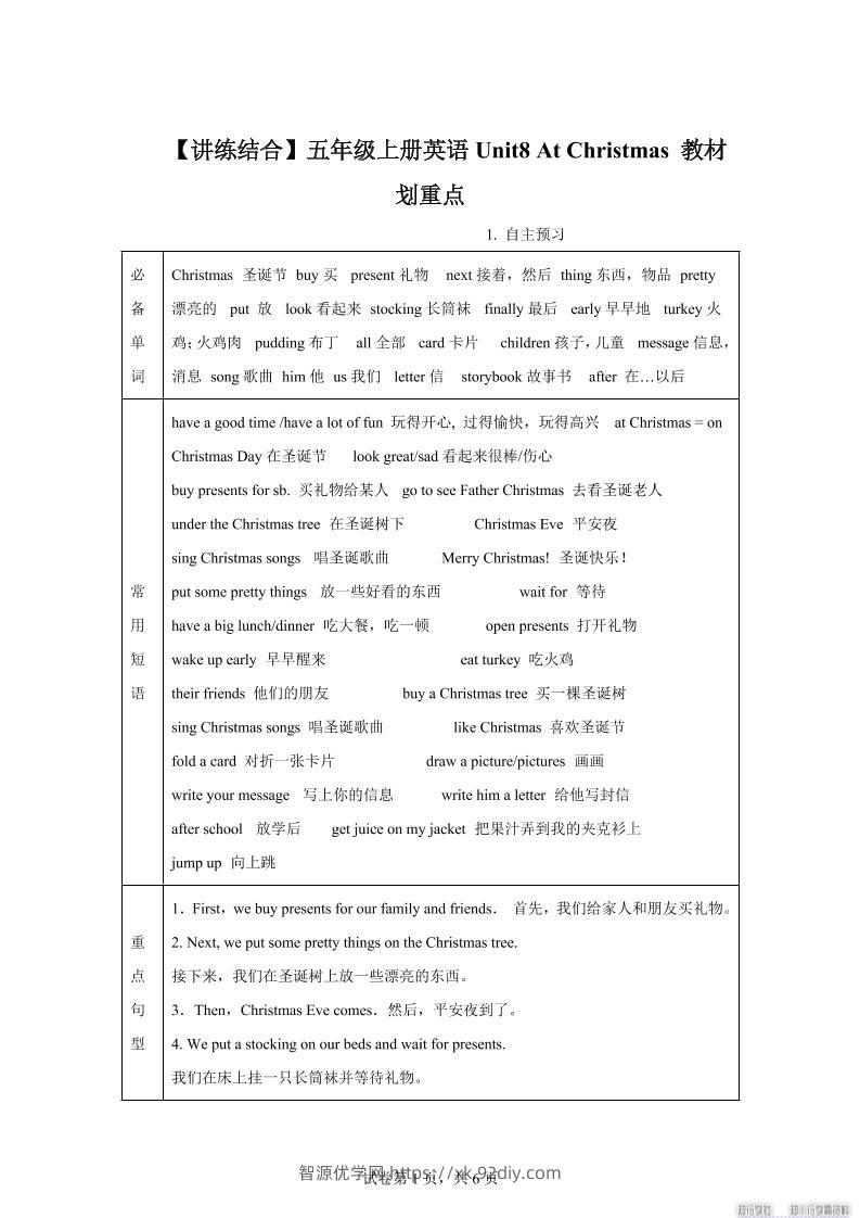 【单元热点难点】译林版（三起）英语五年级上册Unit8AtChristmas教材划重点-智源优学网