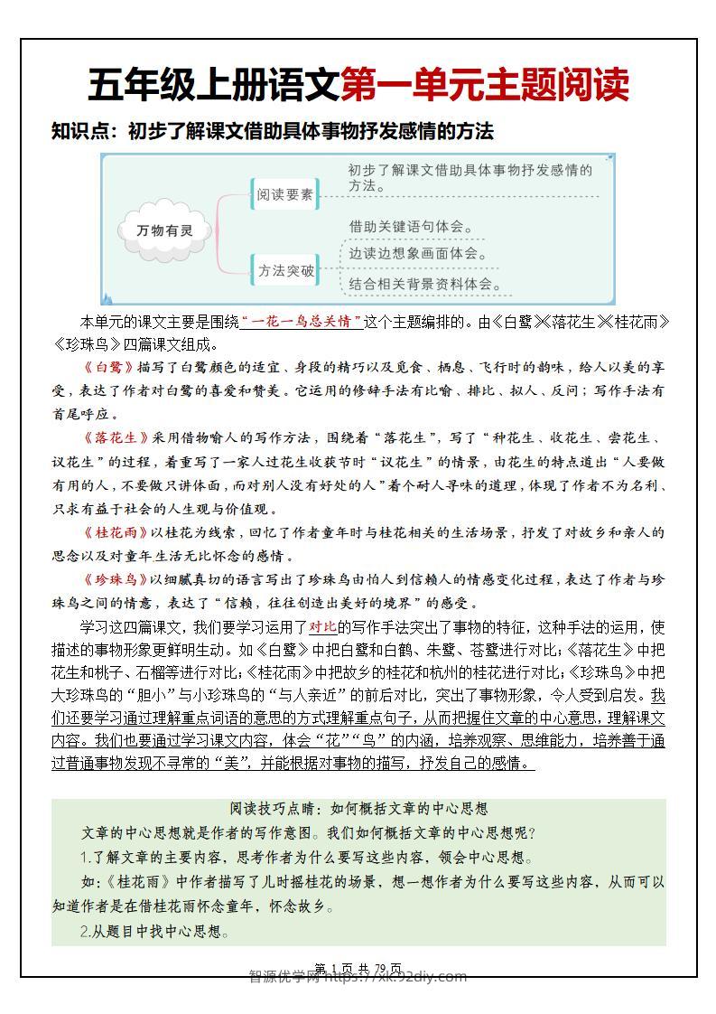 五上语文1-8单元主题阅读理解（含答案79页）-智源优学网