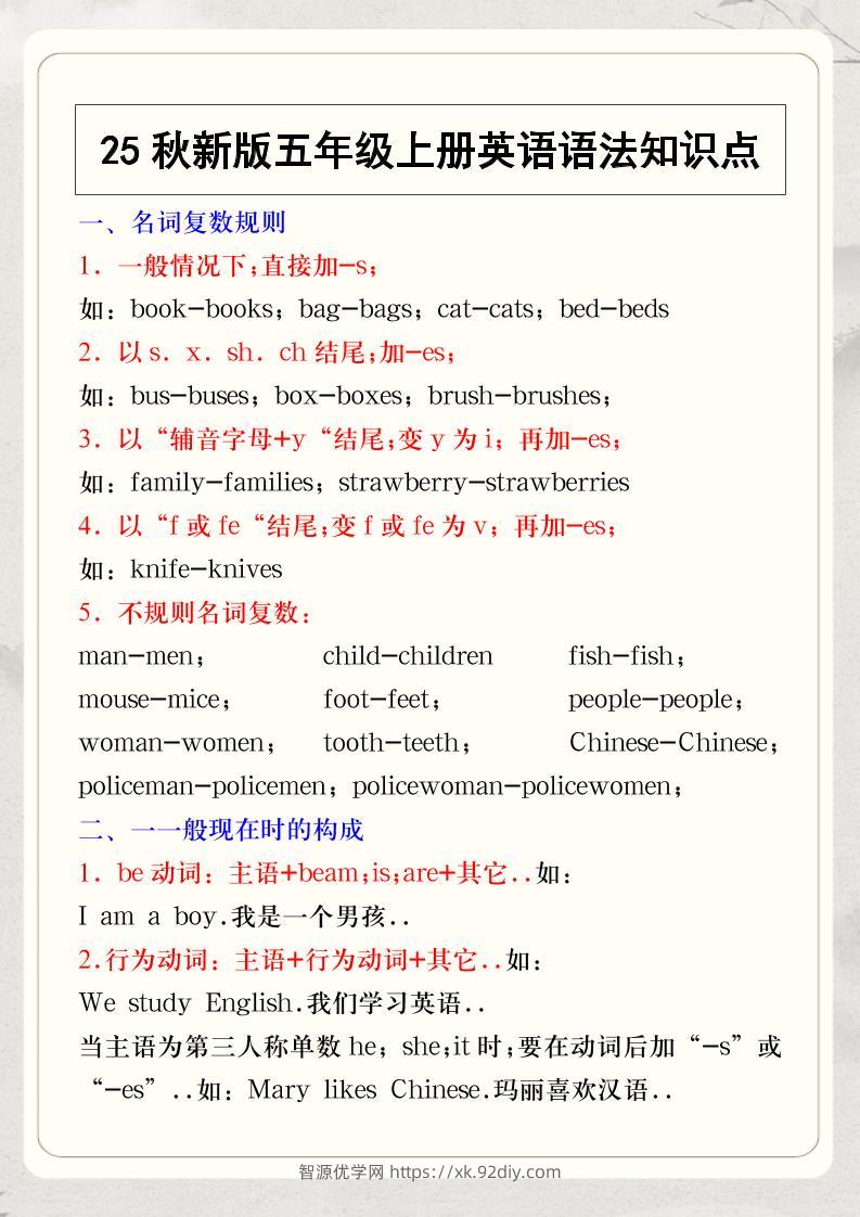【2025秋新版】五年级上册英语语法知识点-智源优学网