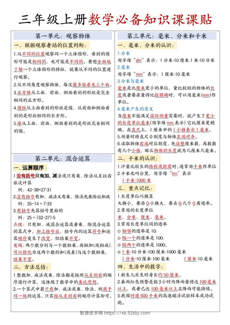 三上人教版数学【必备知识课课贴】-智源优学网