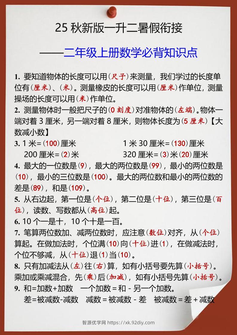【2025秋新版】一升二年级上册数学必背知识点-智源优学网
