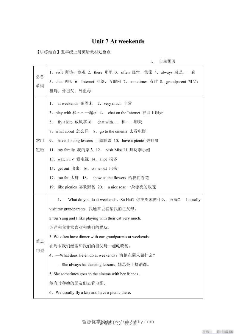 【单元热点难点】译林版（三起）英语五年级上册Unit7Atweekends教材划重点-智源优学网