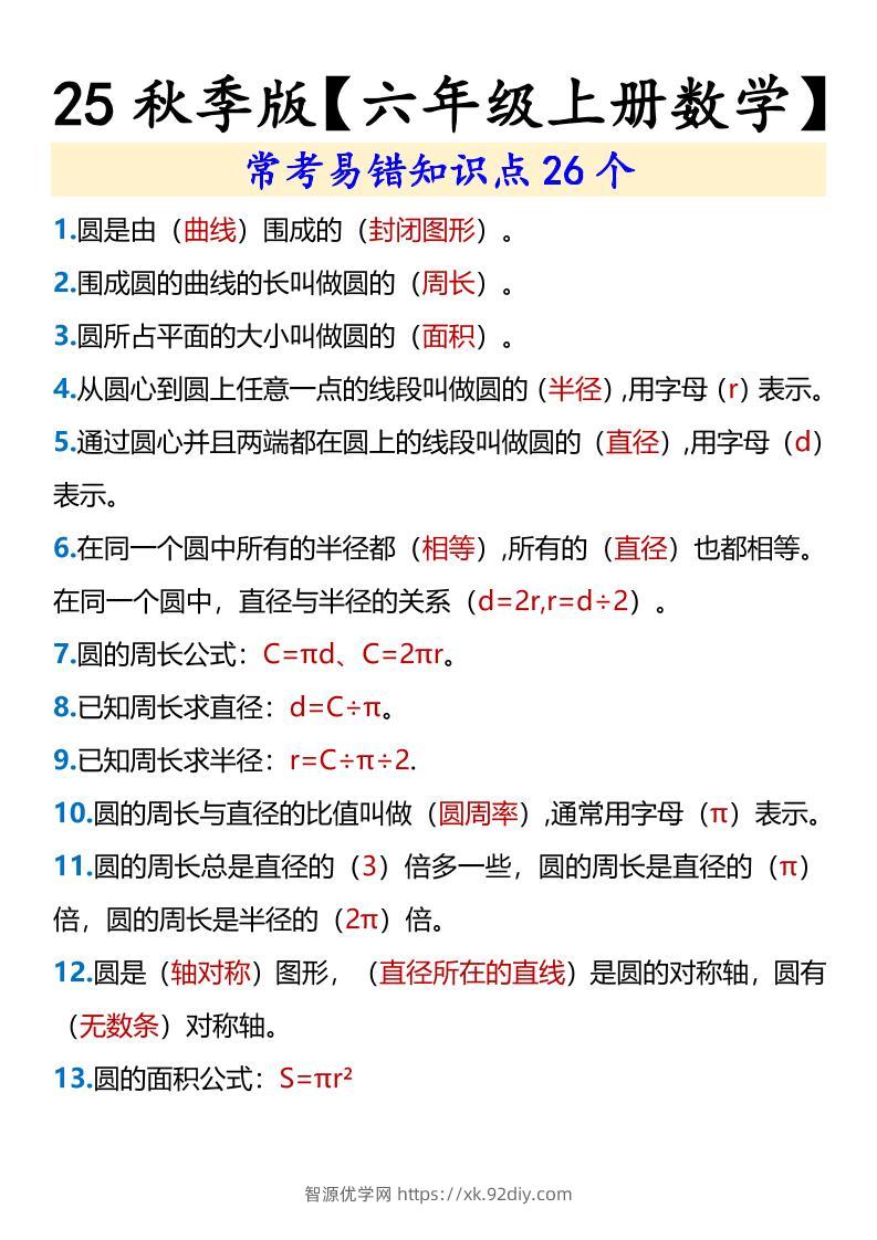 【2025秋新版】【六年级上册数学】常考易错知识点26个-智源优学网
