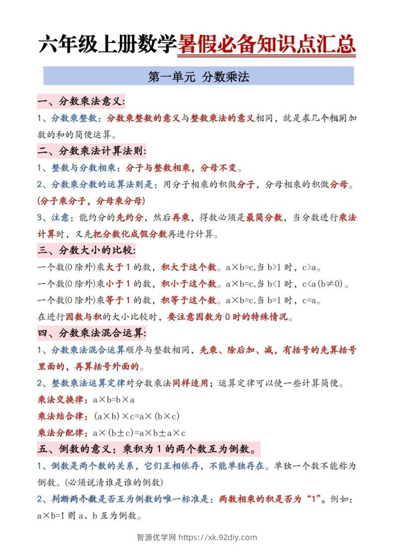 六年级上册数学暑假必备知识点汇总9页-智源优学网