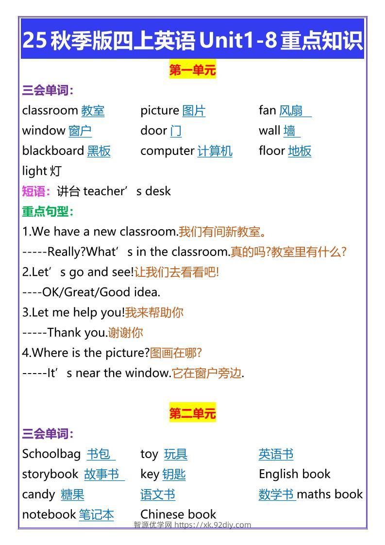 【2025秋新版】四年级上册英语Unit1-8重点知识-智源优学网