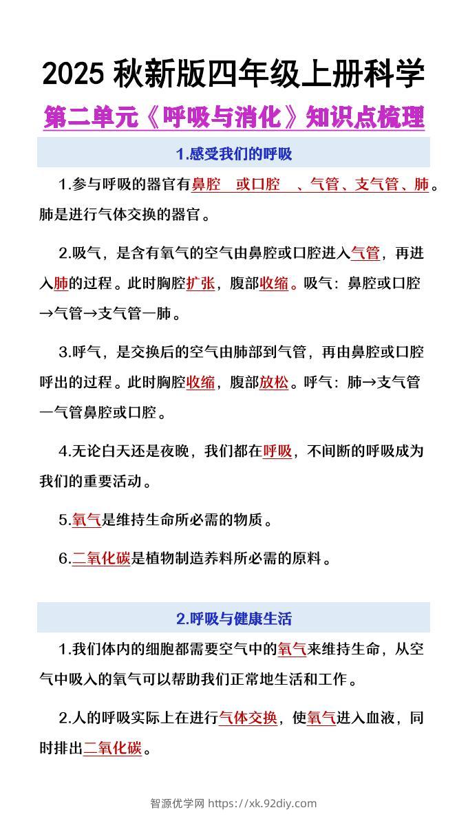 【2025秋新版】四年级上册语文第2单元《呼吸与消化》知识点梳理-智源优学网