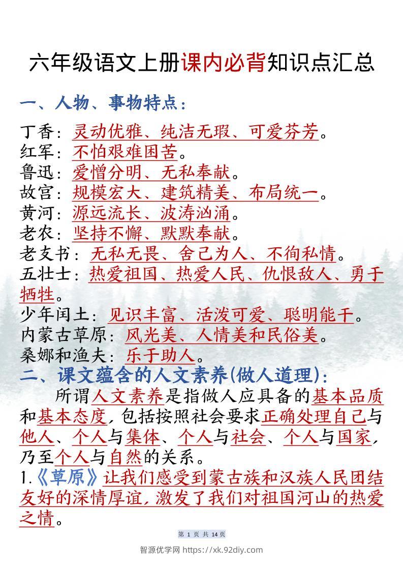 六上语文课内必背知识点汇总（共14页）-智源优学网