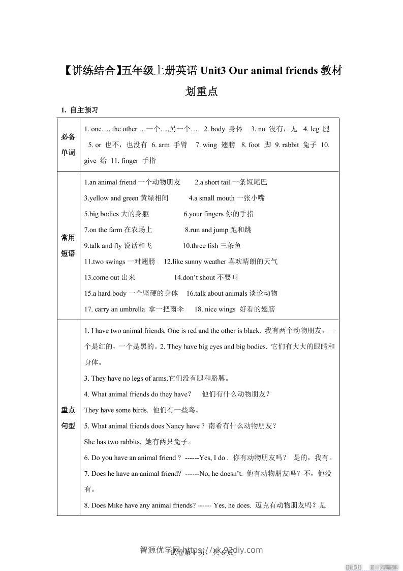 【单元热点难点】译林版（三起）英语五年级上册Unit3Ouranimalfriends教材划重点-智源优学网
