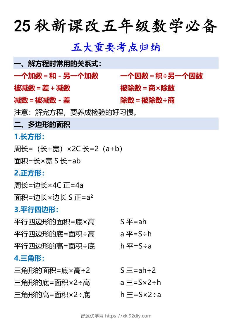 【2025秋新版】五年级数学必备五大重要考点归纳-五上数学-智源优学网
