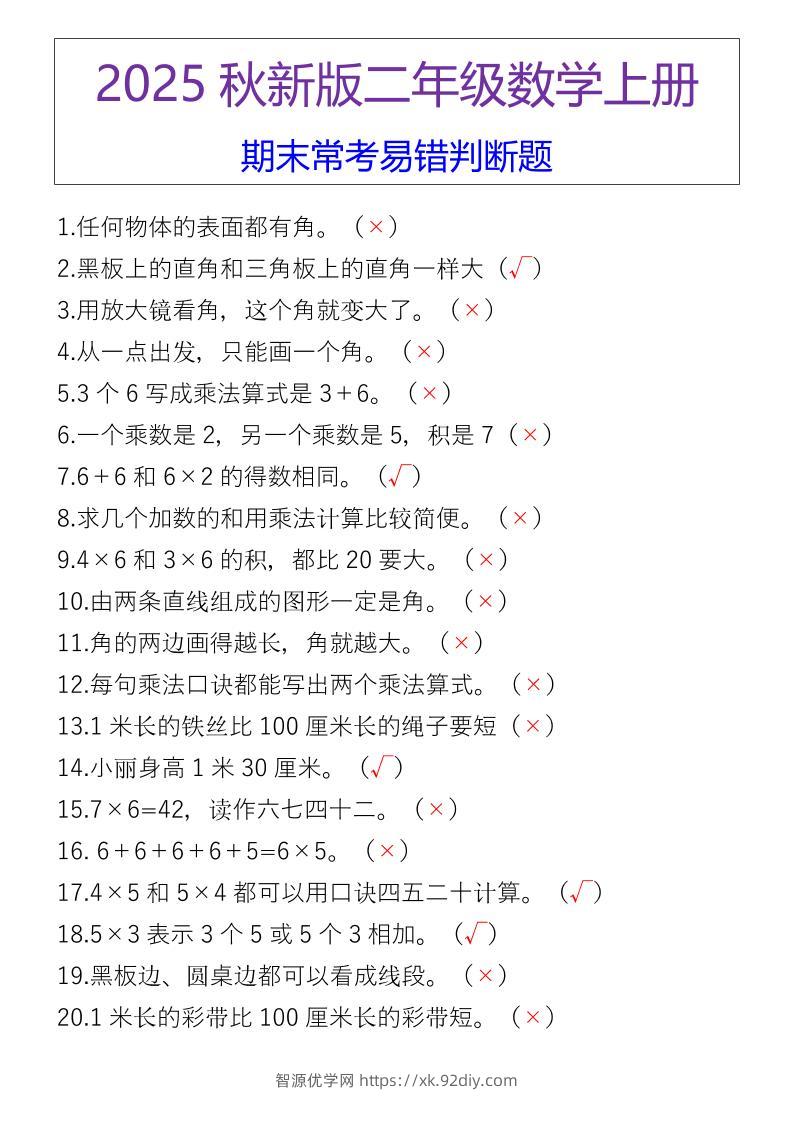 【2025秋新版】二年级数学上册期末常考易错判断题-智源优学网