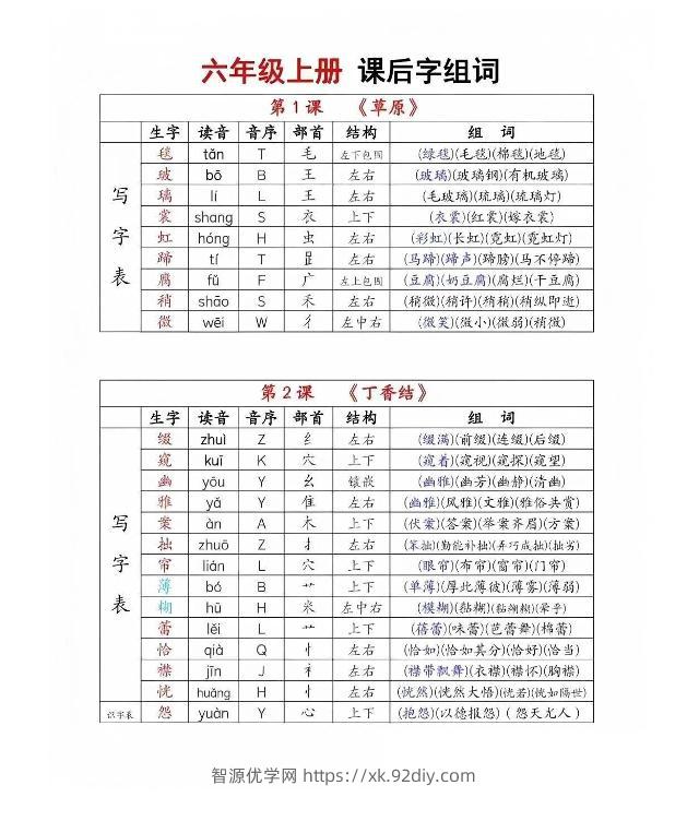 六年级上册语文《生字组词课课贴》（25秋）-智源优学网