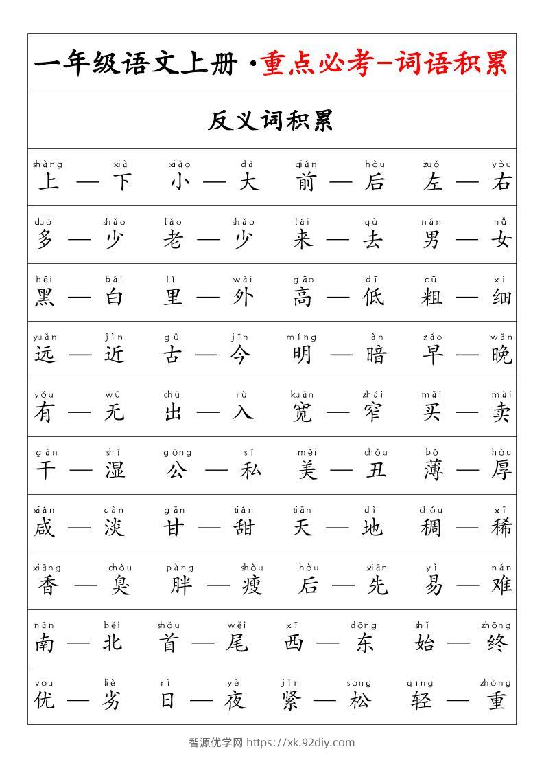 一年级语文上册·重点必考-词语积累-智源优学网