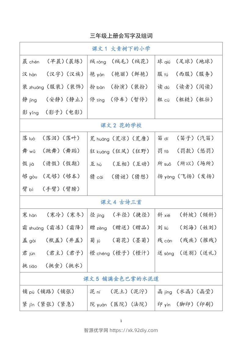 三上语文-写字表生字组词-智源优学网