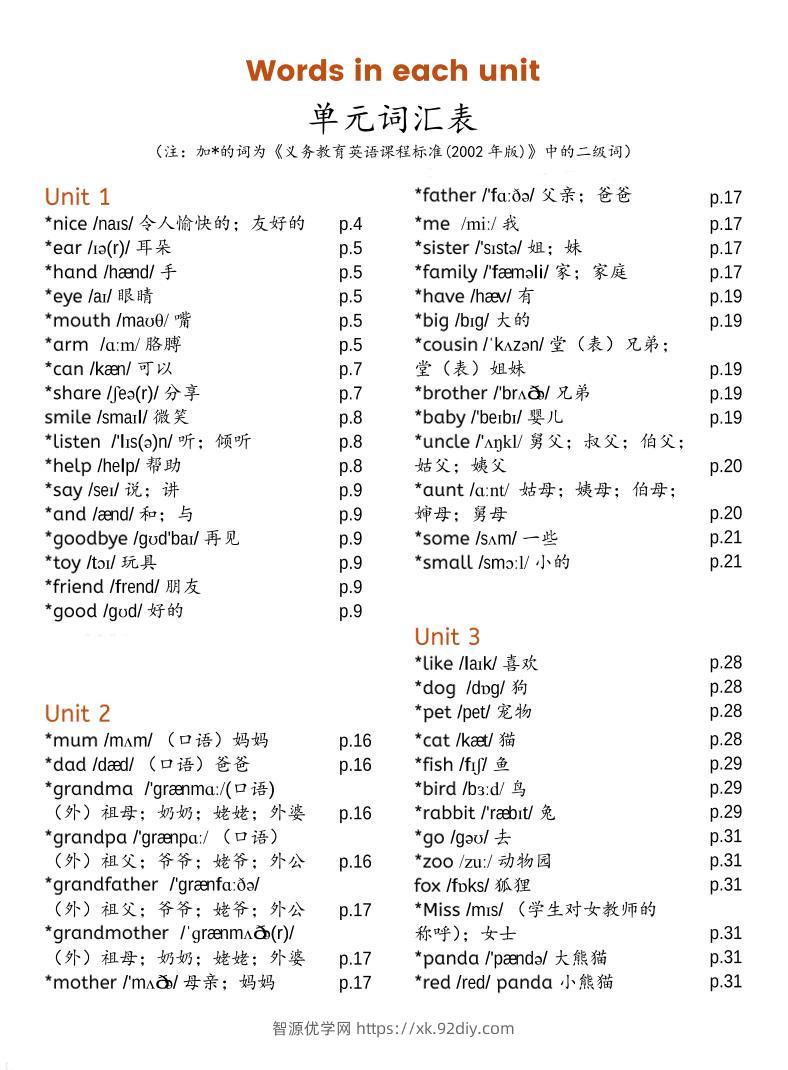 三上PEP英语单元词汇表-新版-智源优学网