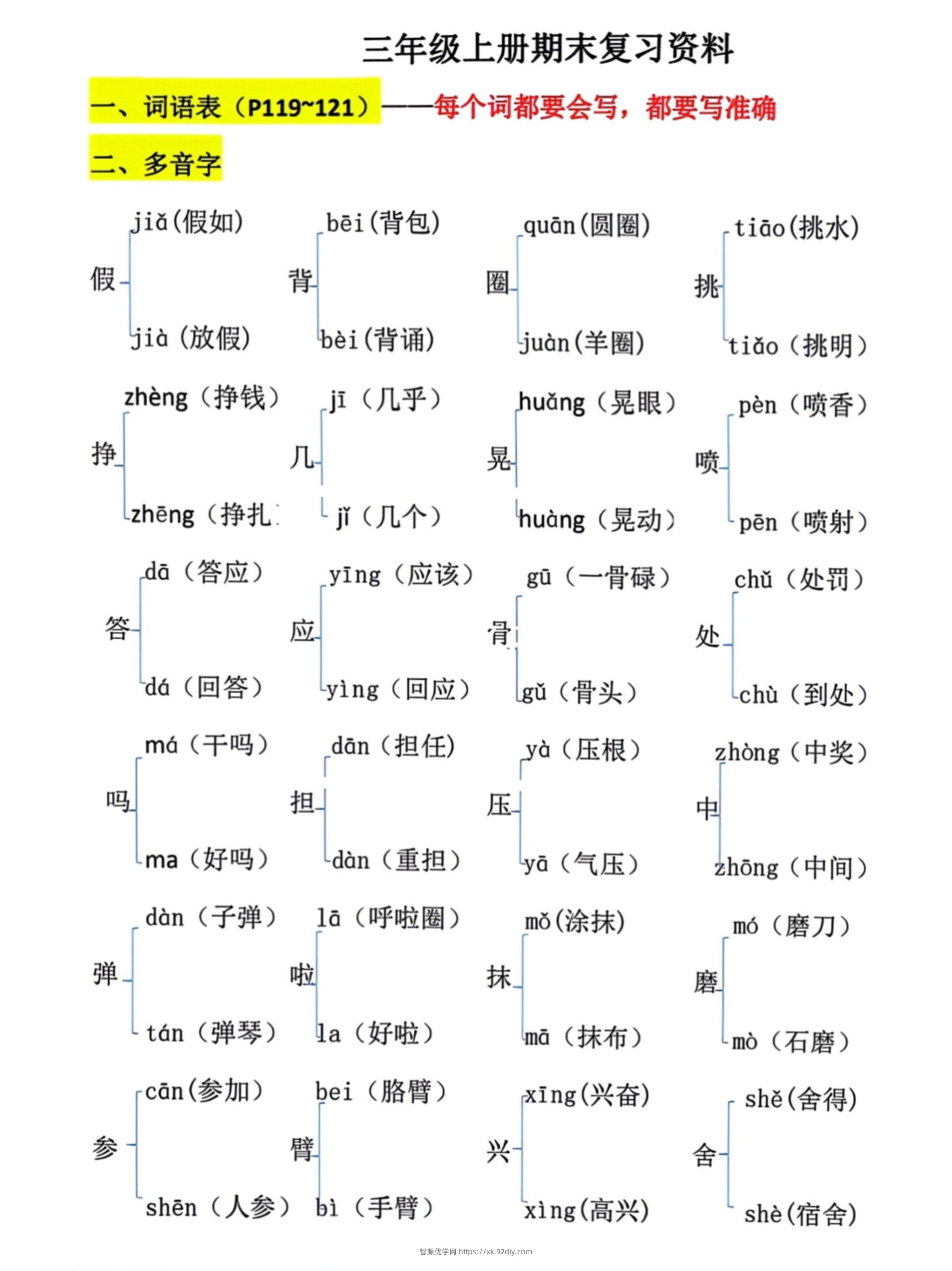 三上语文期末复习必考汇总-智源优学网