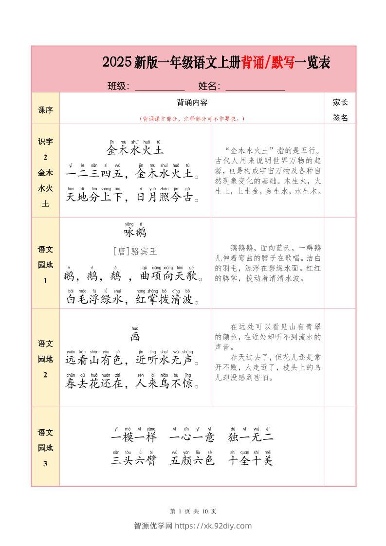 一上语文必背内容+默写表2025年9月-智源优学网