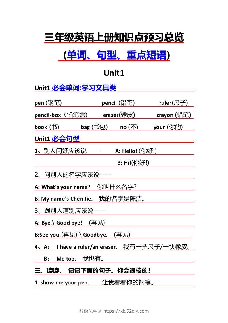 三年级上册英语必背知识点-智源优学网