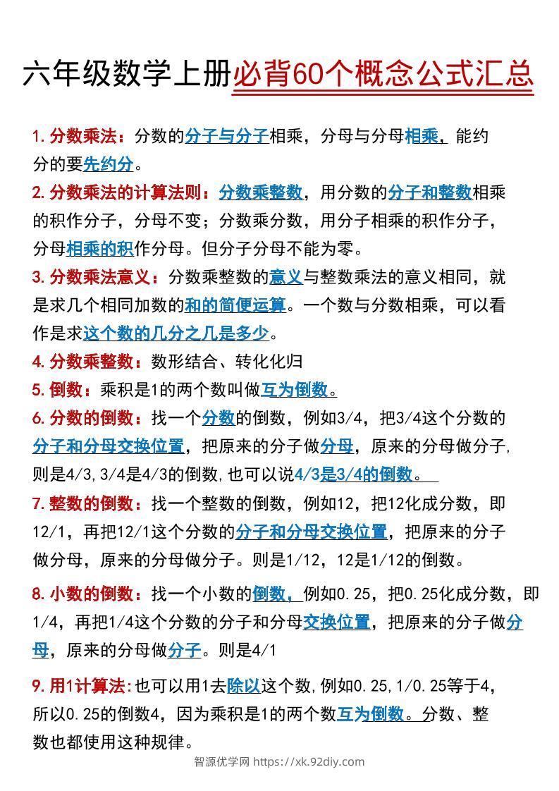 【60个必背考点】六年级数学上册-智源优学网