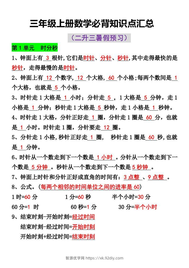 三年级上册数学必背知识点汇总-智源优学网