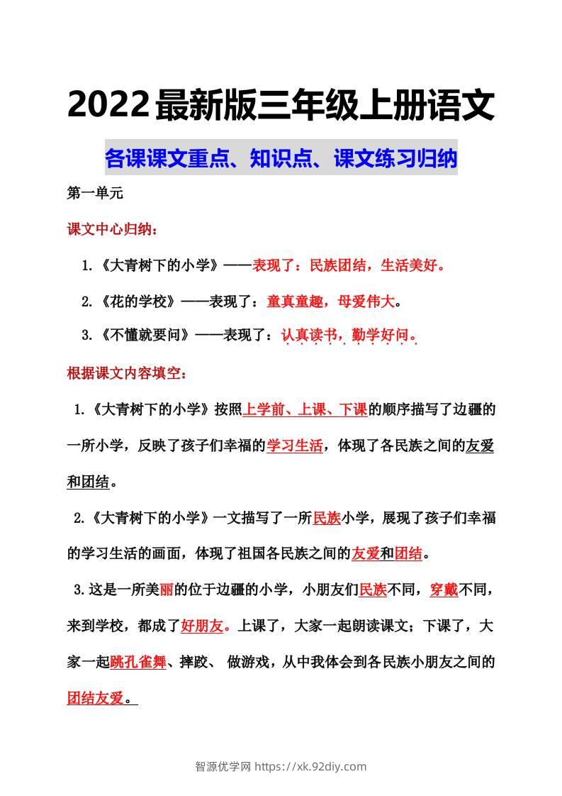 部编语文三年级上册课文重点知识点课文内容练习归纳1-智源优学网