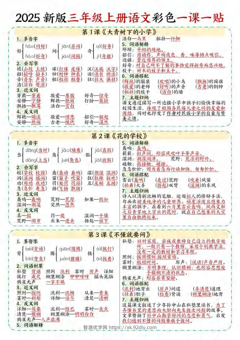 【25秋新版】三年级上语文彩色一课一贴-智源优学网