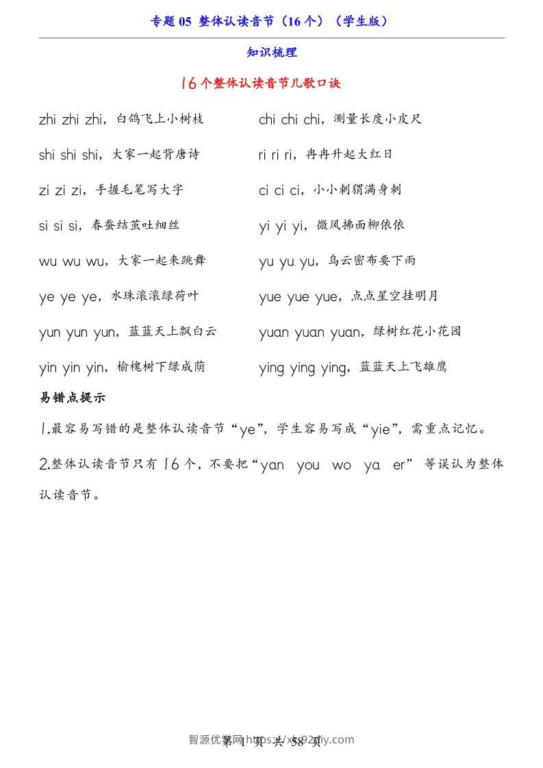 一上语文-专题05整体认读音节（16个）（知识+训练）-智源优学网
