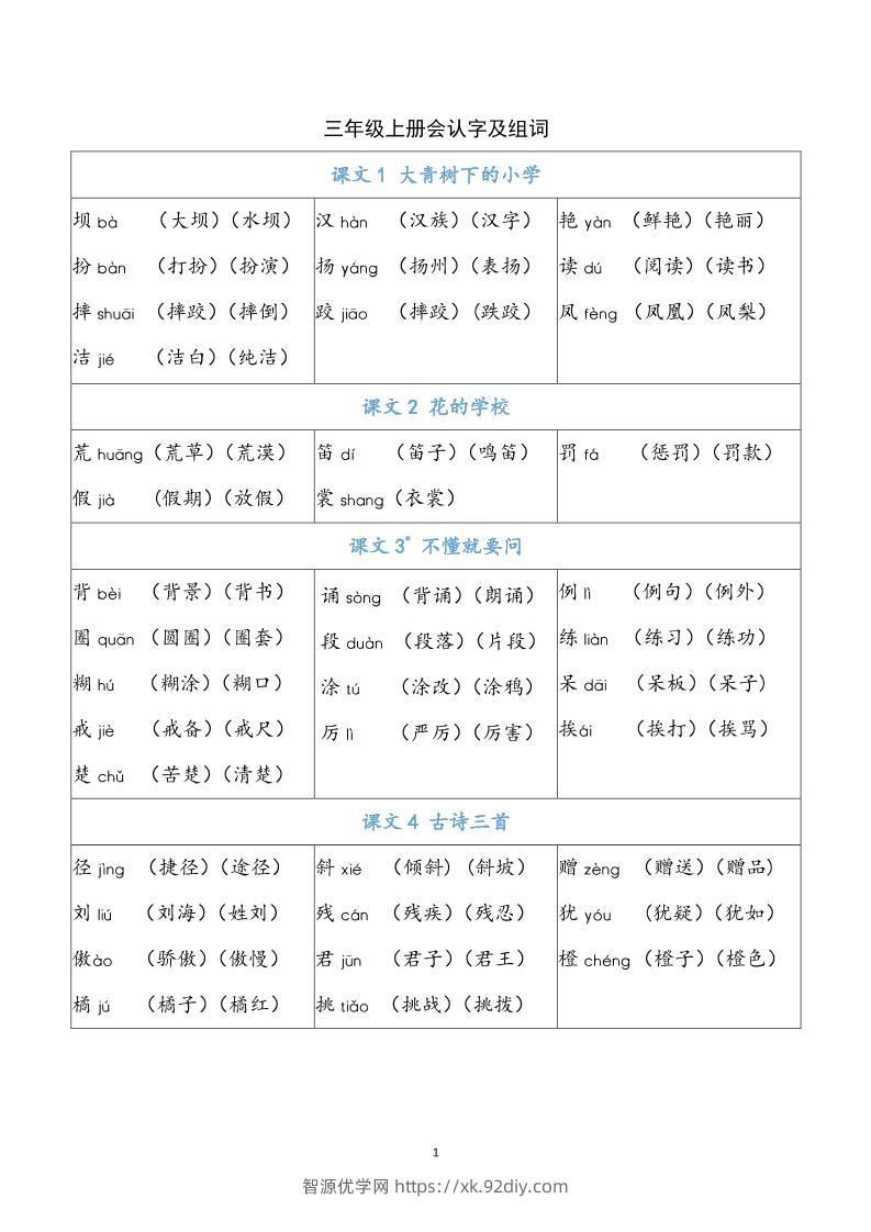 三上语文-识字表生字组词-智源优学网