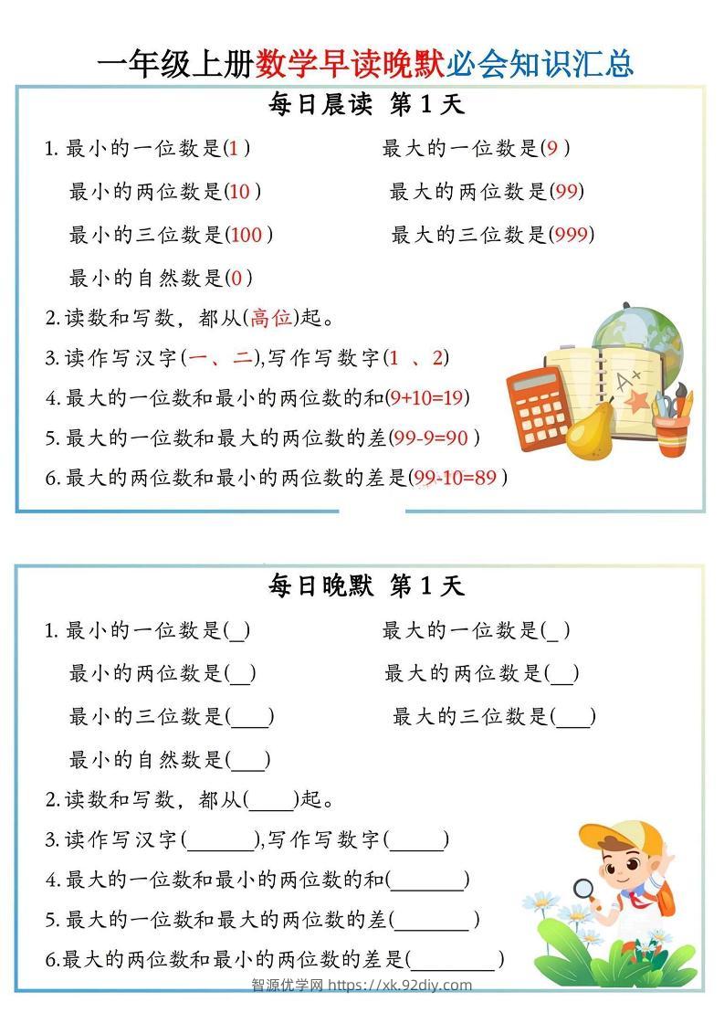 一上数学早读晚默小纸条-智源优学网