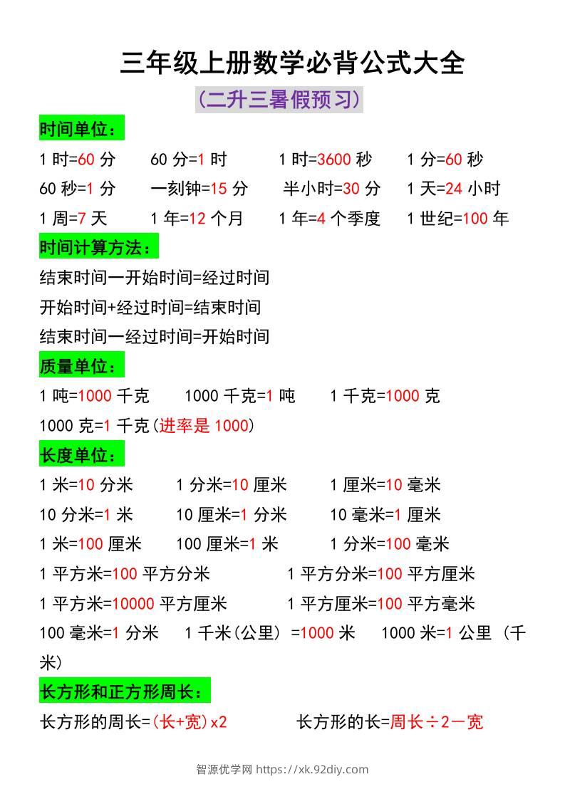 三年级上册数学必背公式大全-智源优学网
