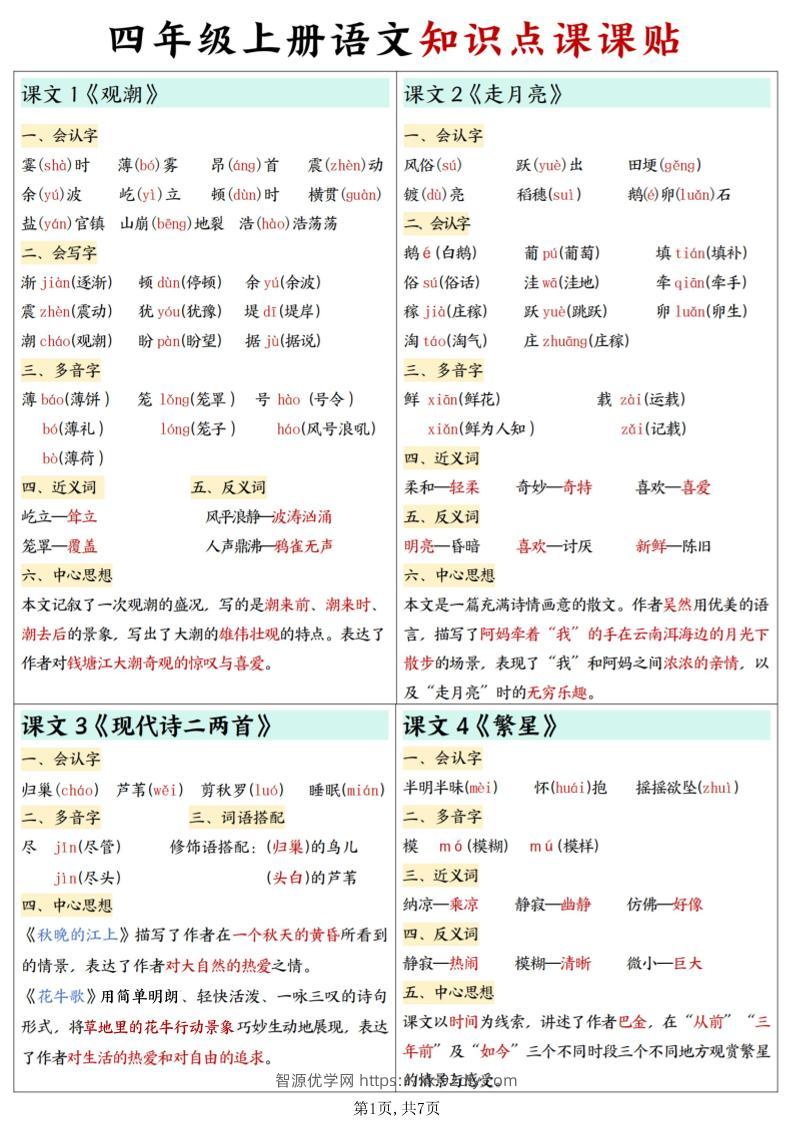 四上语文知识点课课贴7页-智源优学网