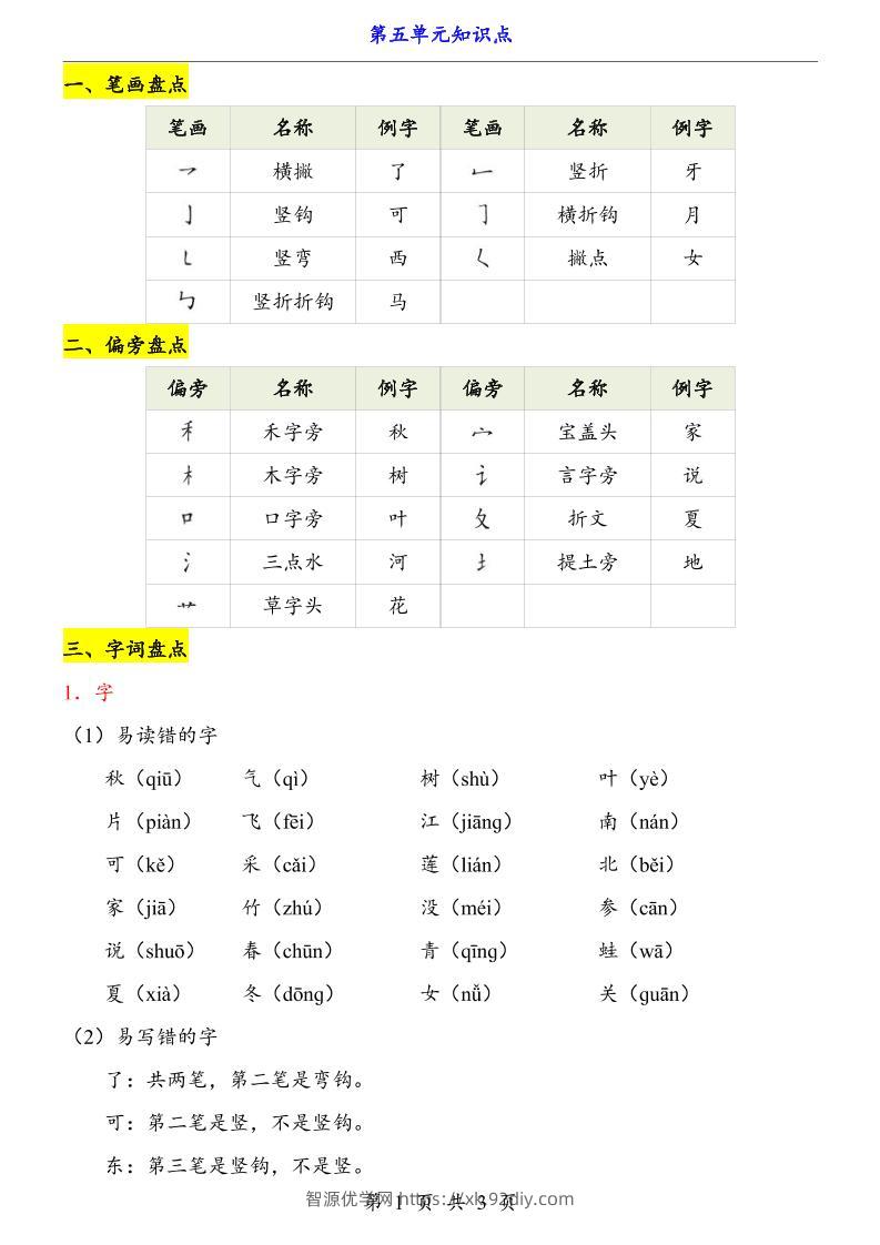 第5单元（知识点）一上语文-智源优学网